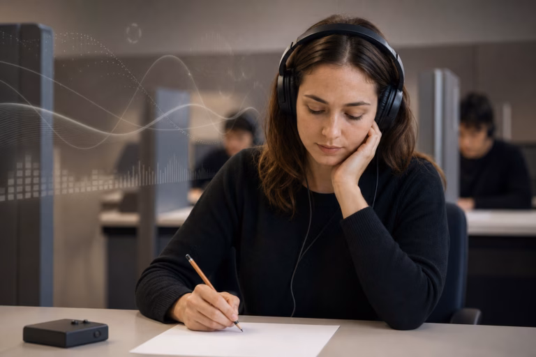 An editorial-style conceptual image about listening tests: a close-up of a