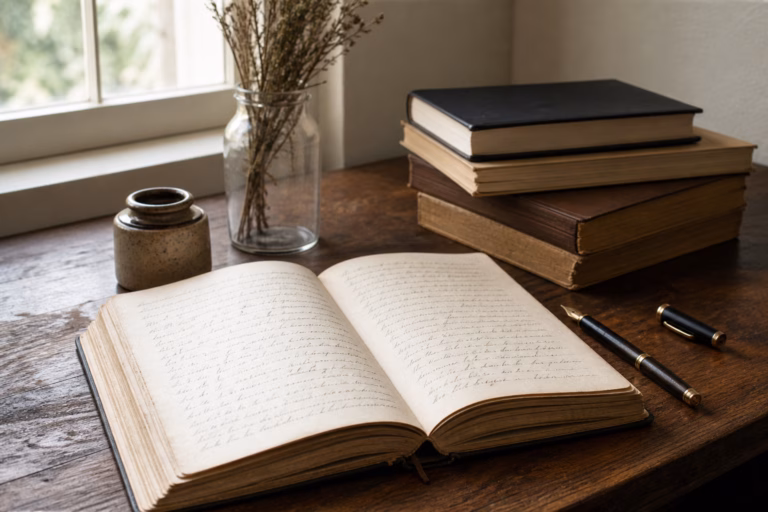 An elegant editorial still life symbolizing writing lessons: a well-worn