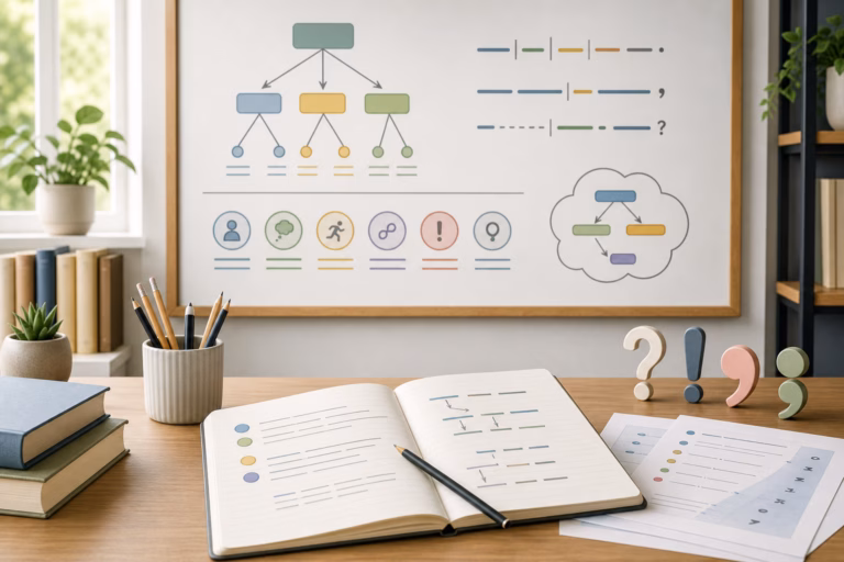 Create a clean, editorial-style educational image representing grammar lessons: