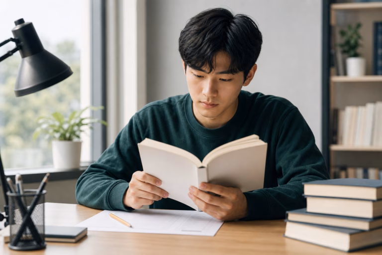 Create an editorial-style image of a person reading a book in a quiet, well-lit